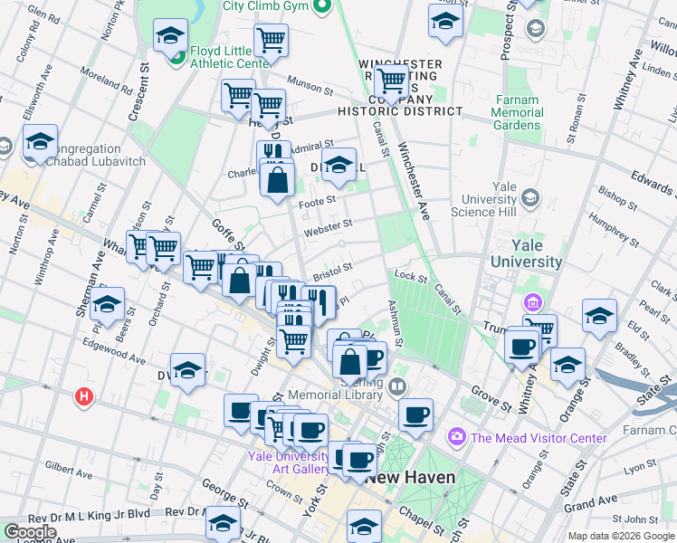 map of restaurants, bars, coffee shops, grocery stores, and more near 105 Bristol Street in New Haven