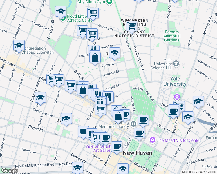 map of restaurants, bars, coffee shops, grocery stores, and more near 105 Bristol Street in New Haven