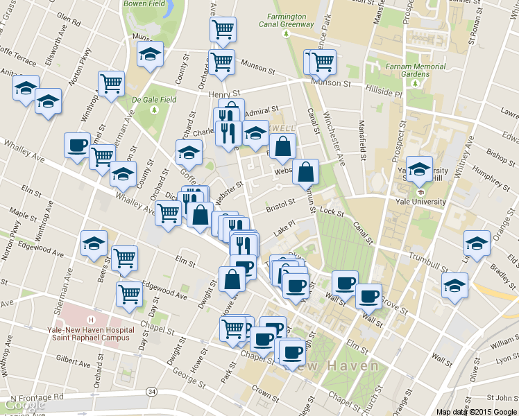 map of restaurants, bars, coffee shops, grocery stores, and more near 101 Dixwell Avenue in New Haven