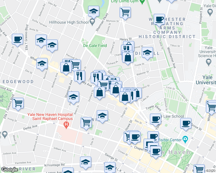 map of restaurants, bars, coffee shops, grocery stores, and more near 72 Dickerman Street in New Haven