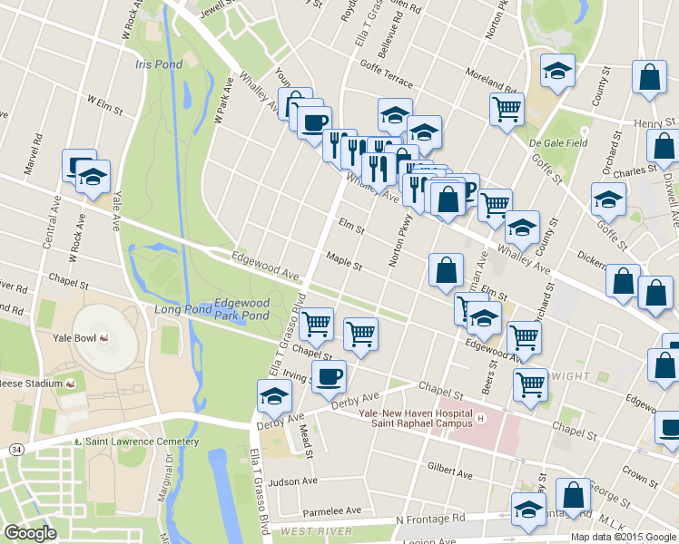 map of restaurants, bars, coffee shops, grocery stores, and more near 156 Maple Street in New Haven