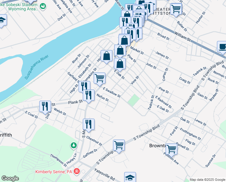 map of restaurants, bars, coffee shops, grocery stores, and more near 228 South Main Street in Pittston