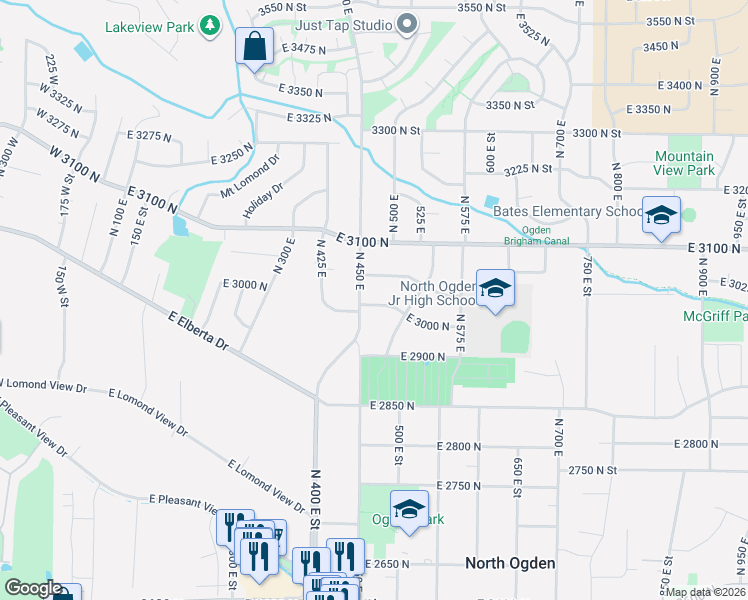map of restaurants, bars, coffee shops, grocery stores, and more near in North Ogden
