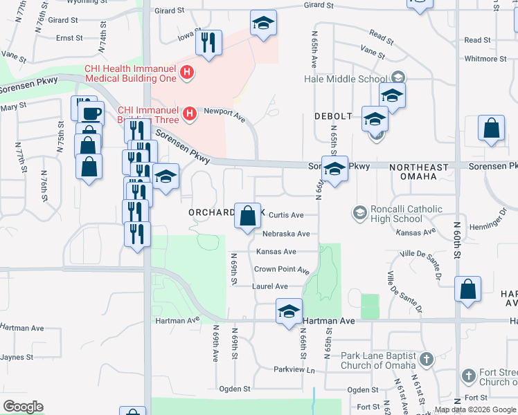 map of restaurants, bars, coffee shops, grocery stores, and more near 6317 North 68th Street in Omaha