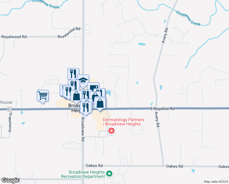 map of restaurants, bars, coffee shops, grocery stores, and more near 1 Stoney Run Trail in Broadview Heights