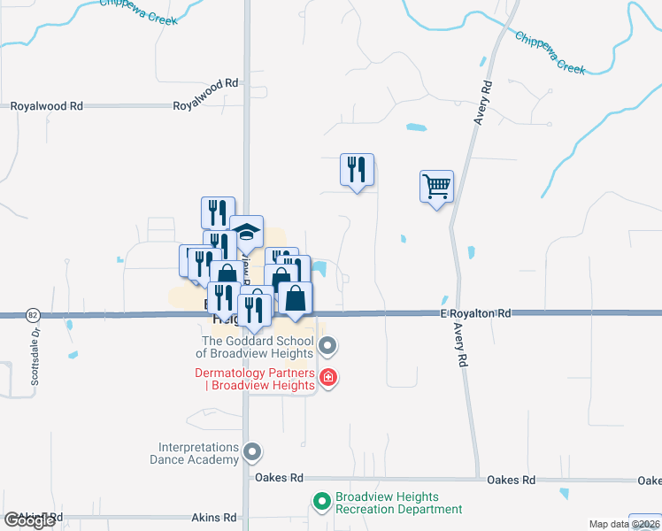 map of restaurants, bars, coffee shops, grocery stores, and more near 1407 Stoney Run Trail in Broadview Heights