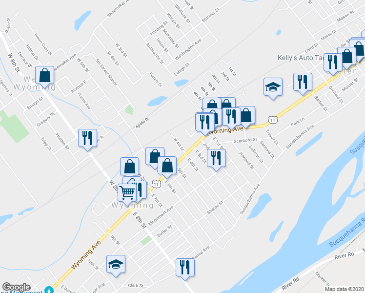 map of restaurants, bars, coffee shops, grocery stores, and more near 19 West 4th Street in Wyoming