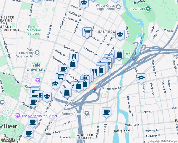 map of restaurants, bars, coffee shops, grocery stores, and more near 58 Bishop Street in New Haven