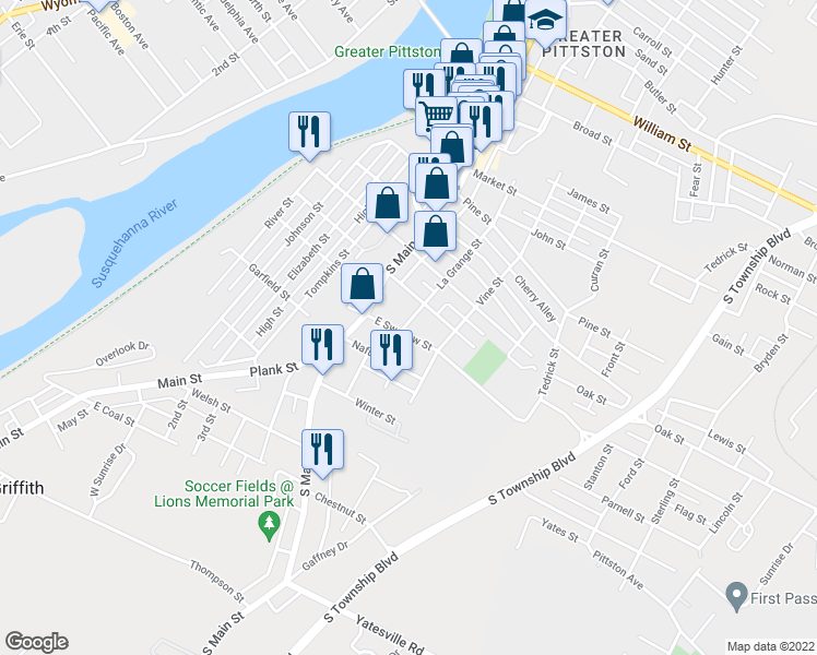map of restaurants, bars, coffee shops, grocery stores, and more near 38 Swallow Street in Pittston