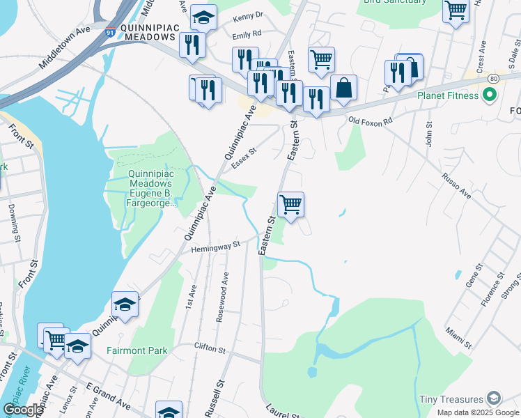 map of restaurants, bars, coffee shops, grocery stores, and more near 300 Eastern Street in New Haven