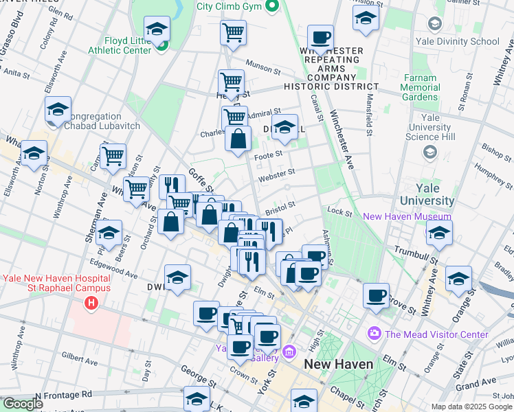 map of restaurants, bars, coffee shops, grocery stores, and more near 85 Dixwell Avenue in New Haven