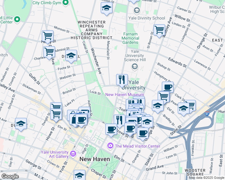 map of restaurants, bars, coffee shops, grocery stores, and more near 130 Prospect Street in New Haven