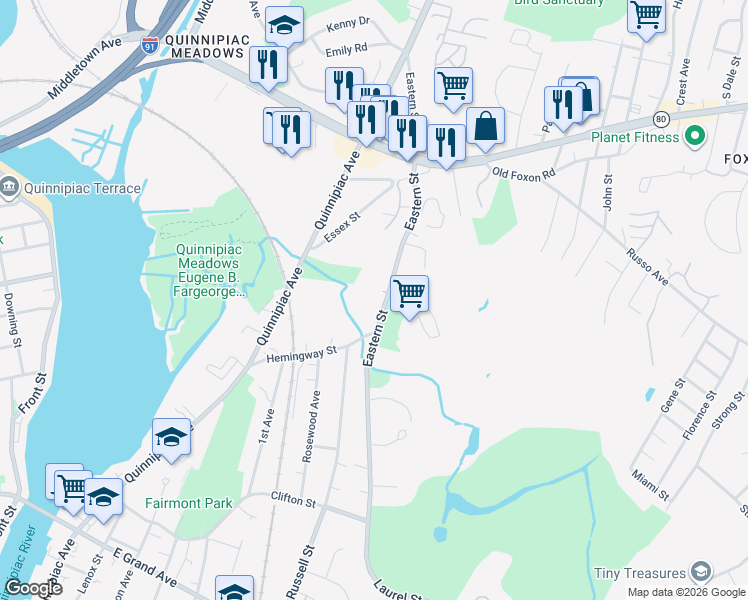 map of restaurants, bars, coffee shops, grocery stores, and more near in New Haven