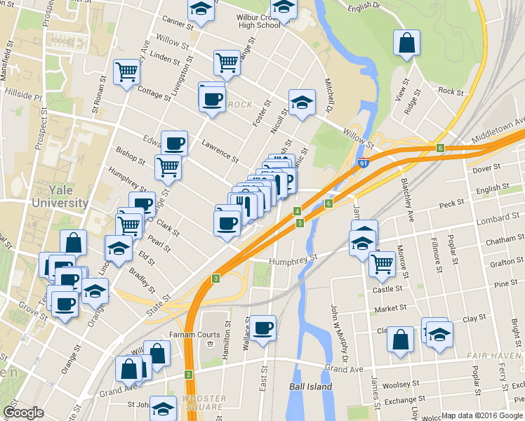 map of restaurants, bars, coffee shops, grocery stores, and more near 24 Edwards Street in New Haven
