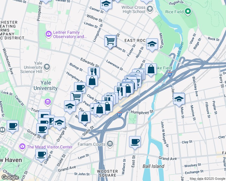 map of restaurants, bars, coffee shops, grocery stores, and more near 78 Bishop Street in New Haven