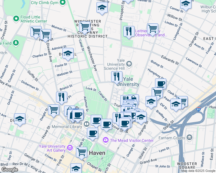 map of restaurants, bars, coffee shops, grocery stores, and more near 130 Prospect Street in New Haven