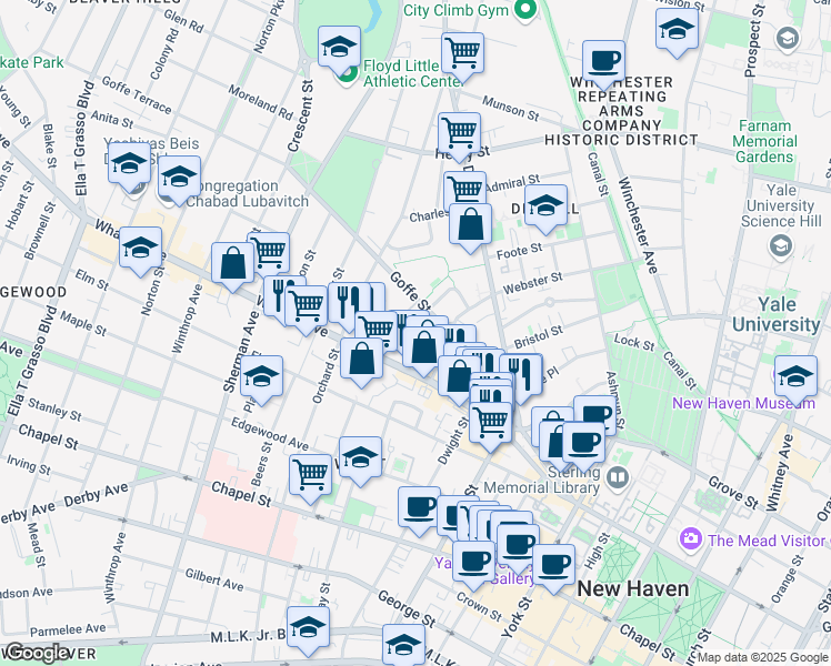 map of restaurants, bars, coffee shops, grocery stores, and more near 29 Dickerman Street in New Haven