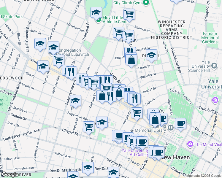 map of restaurants, bars, coffee shops, grocery stores, and more near 72 Dickerman Street in New Haven