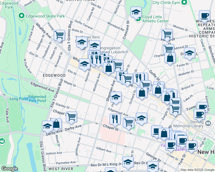 map of restaurants, bars, coffee shops, grocery stores, and more near 679 Elm Street in New Haven
