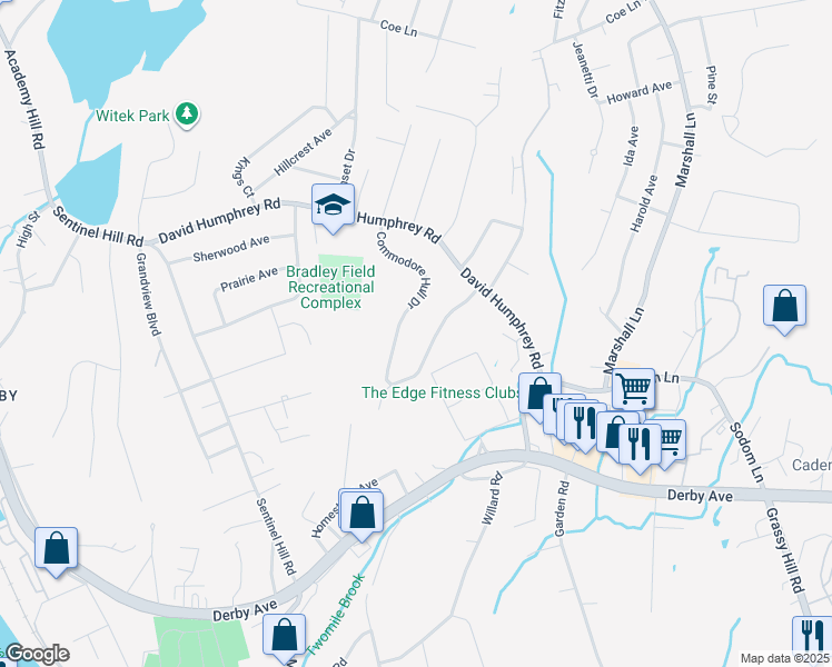 map of restaurants, bars, coffee shops, grocery stores, and more near 86 Commodore Cmns in Derby
