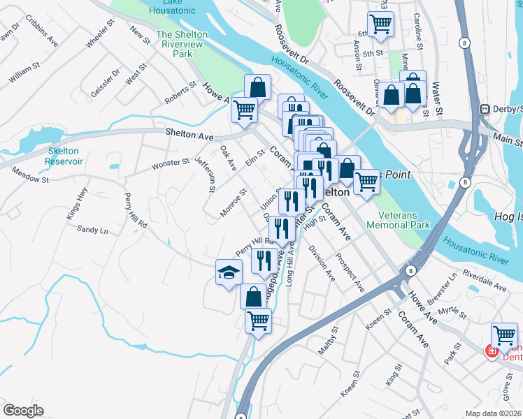map of restaurants, bars, coffee shops, grocery stores, and more near 54 Oak Avenue in Shelton
