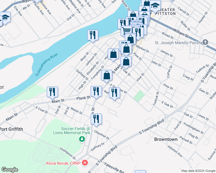 map of restaurants, bars, coffee shops, grocery stores, and more near 257 South Main Street in Pittston