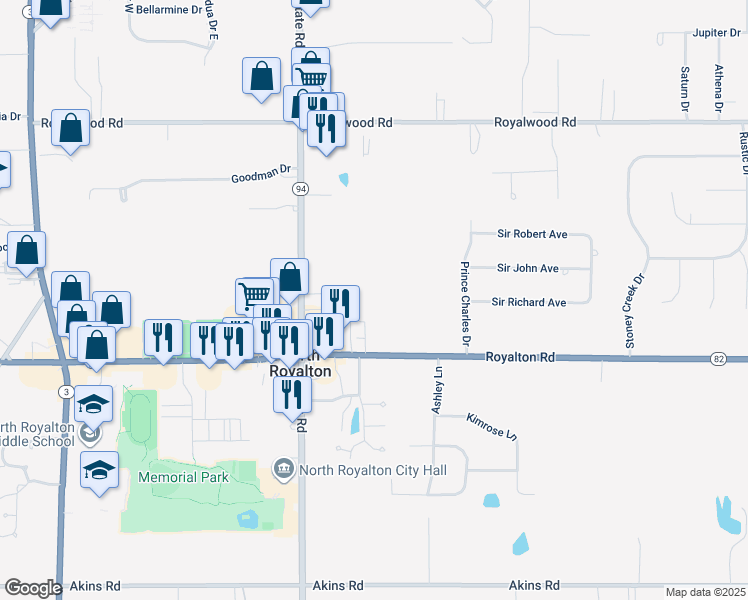 map of restaurants, bars, coffee shops, grocery stores, and more near 5136 Royalton Road in North Royalton