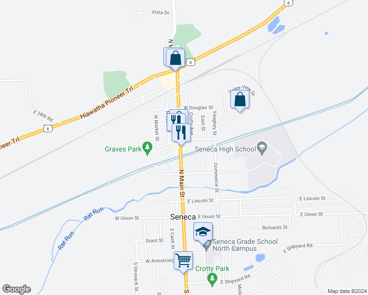 map of restaurants, bars, coffee shops, grocery stores, and more near 272 North Main Street in Seneca