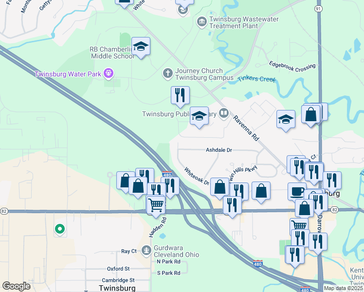 map of restaurants, bars, coffee shops, grocery stores, and more near 9053 Whiteoak Drive in Twinsburg