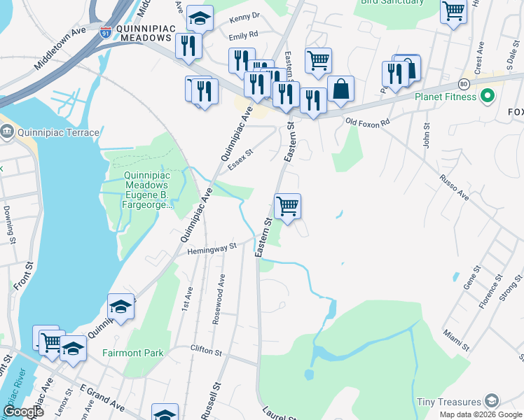 map of restaurants, bars, coffee shops, grocery stores, and more near in New Haven