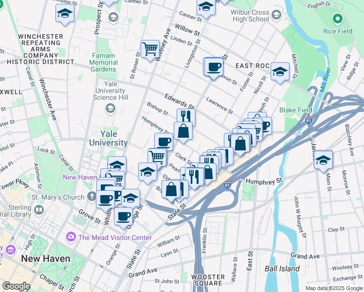 map of restaurants, bars, coffee shops, grocery stores, and more near 360 Humphrey Street in New Haven