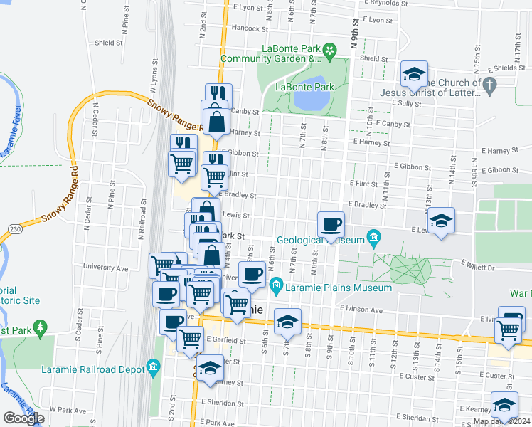 map of restaurants, bars, coffee shops, grocery stores, and more near 511 East Lewis Street in Laramie