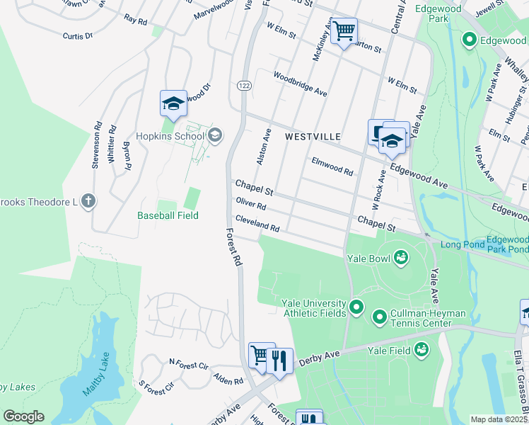 map of restaurants, bars, coffee shops, grocery stores, and more near 262 Oliver Road in New Haven