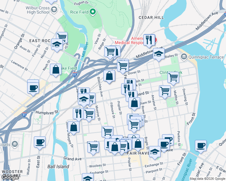 map of restaurants, bars, coffee shops, grocery stores, and more near 297 Peck Street in New Haven