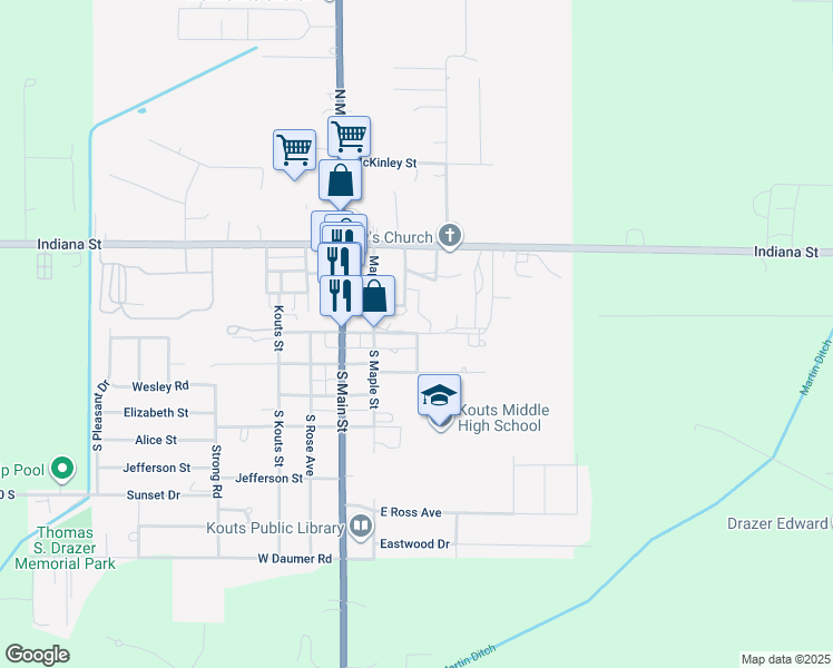 map of restaurants, bars, coffee shops, grocery stores, and more near 299 E Mentor St in Kouts
