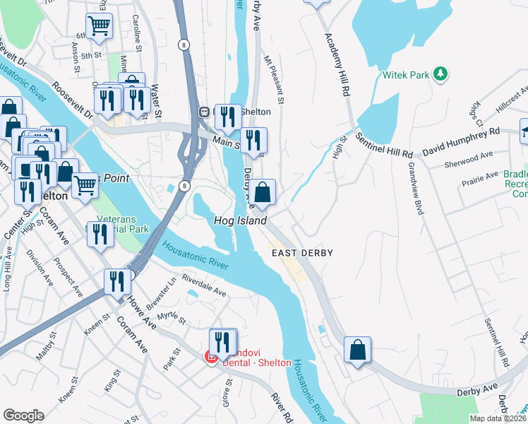 map of restaurants, bars, coffee shops, grocery stores, and more near 17 Bank Street in Derby
