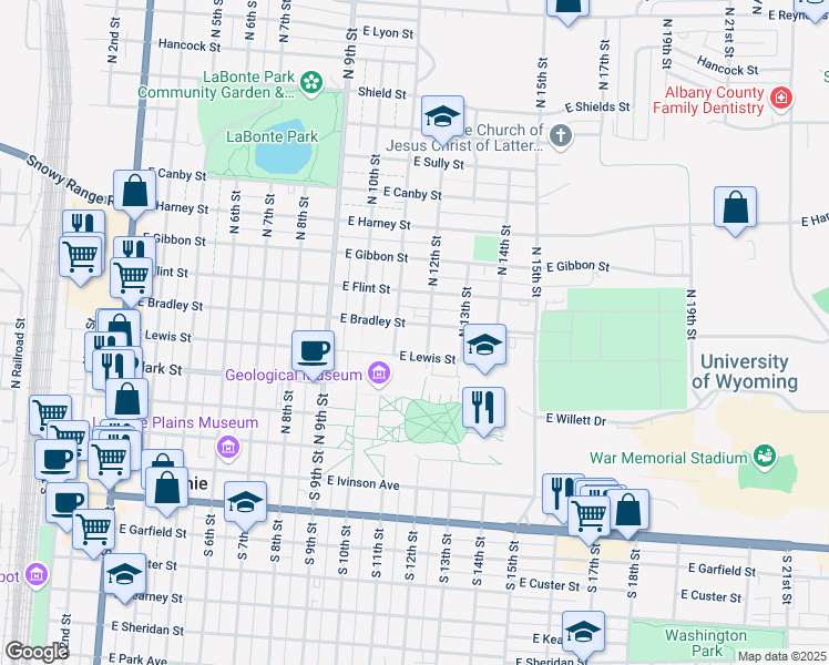map of restaurants, bars, coffee shops, grocery stores, and more near 1114 East Bradley Street in Laramie