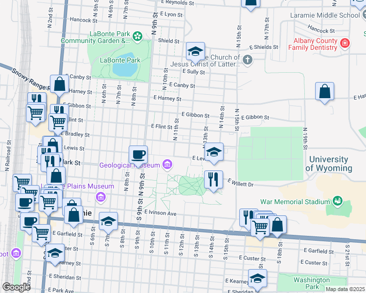 map of restaurants, bars, coffee shops, grocery stores, and more near 1114 East Bradley Street in Laramie