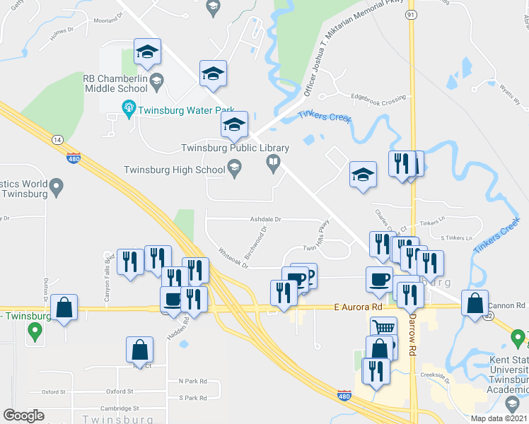 map of restaurants, bars, coffee shops, grocery stores, and more near 2467 Ashdale Drive in Twinsburg