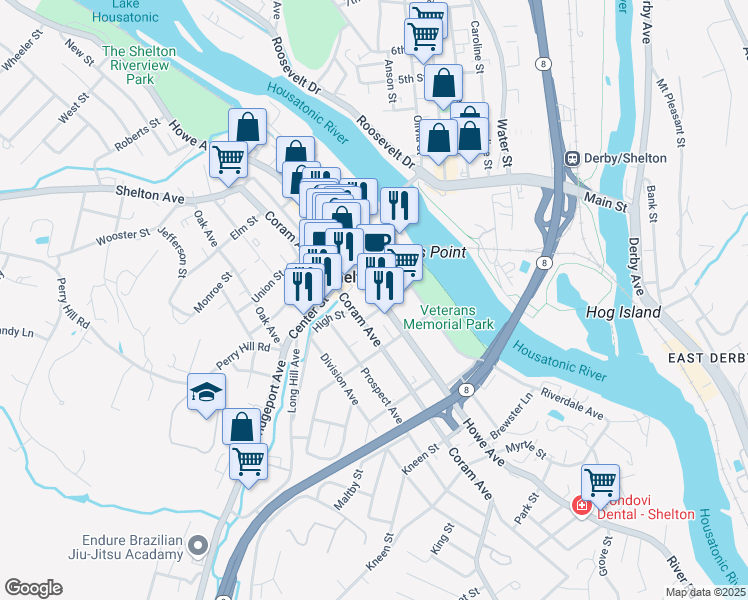 map of restaurants, bars, coffee shops, grocery stores, and more near 368 Howe Avenue in Shelton