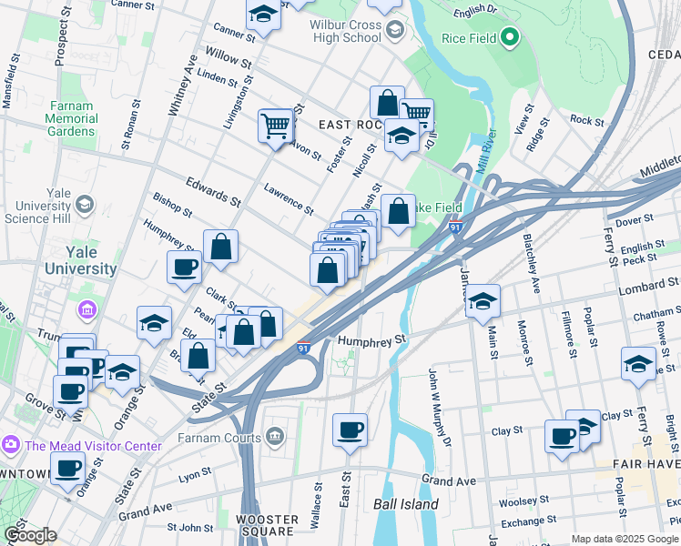 map of restaurants, bars, coffee shops, grocery stores, and more near 8 Edwards Street in New Haven