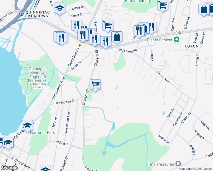 map of restaurants, bars, coffee shops, grocery stores, and more near 301 Eastern Street in New Haven