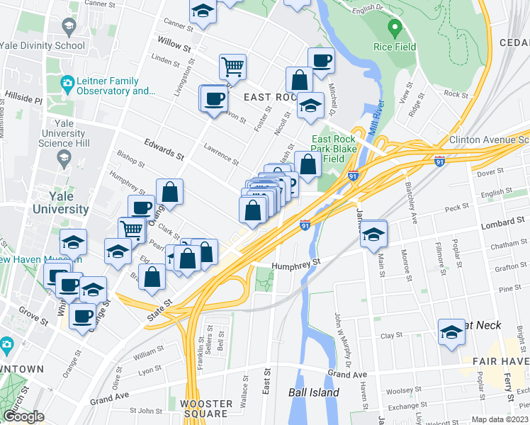 map of restaurants, bars, coffee shops, grocery stores, and more near 24 Edwards Street in New Haven