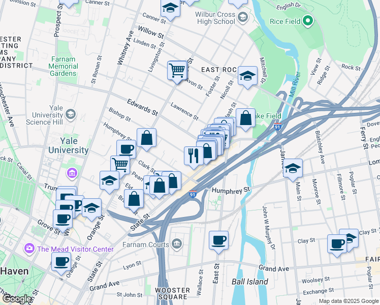 map of restaurants, bars, coffee shops, grocery stores, and more near 47 Bishop Street in New Haven