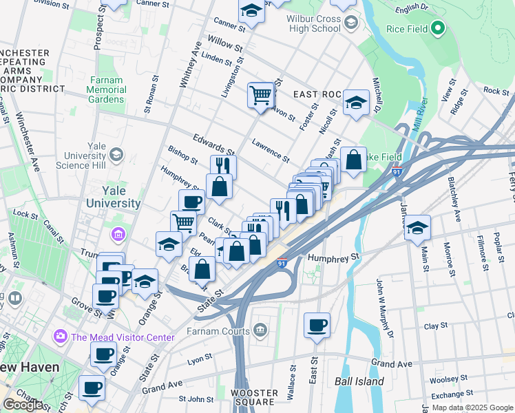 map of restaurants, bars, coffee shops, grocery stores, and more near 78 Bishop Street in New Haven