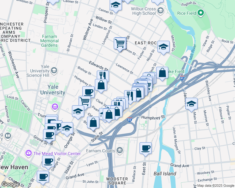 map of restaurants, bars, coffee shops, grocery stores, and more near 78 Bishop Street in New Haven