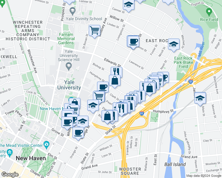 map of restaurants, bars, coffee shops, grocery stores, and more near 400 Humphrey Street in New Haven