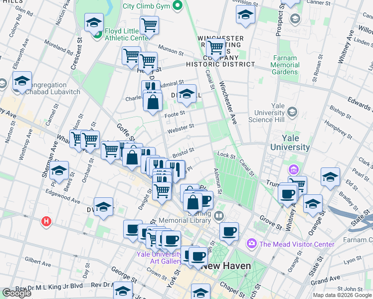 map of restaurants, bars, coffee shops, grocery stores, and more near 105 Bristol Street in New Haven
