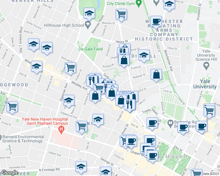 map of restaurants, bars, coffee shops, grocery stores, and more near 29 Dickerman Street in New Haven