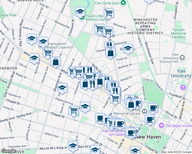 map of restaurants, bars, coffee shops, grocery stores, and more near 29 Dickerman Street in New Haven